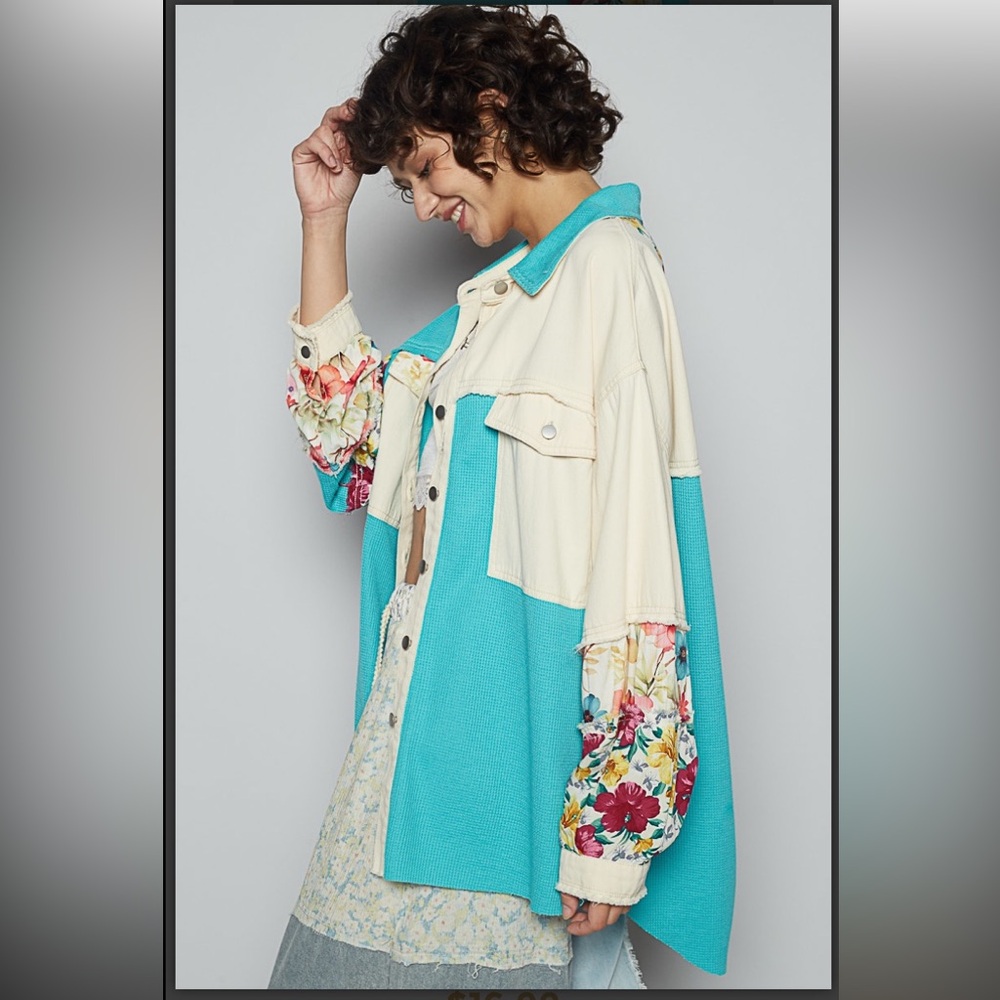 372 🇺🇸POL aqua gauze patchwork detail top cotton  shacket - Picture 4 of 5